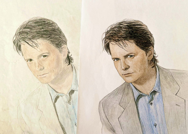 Michael J. Fox illustration før/efter